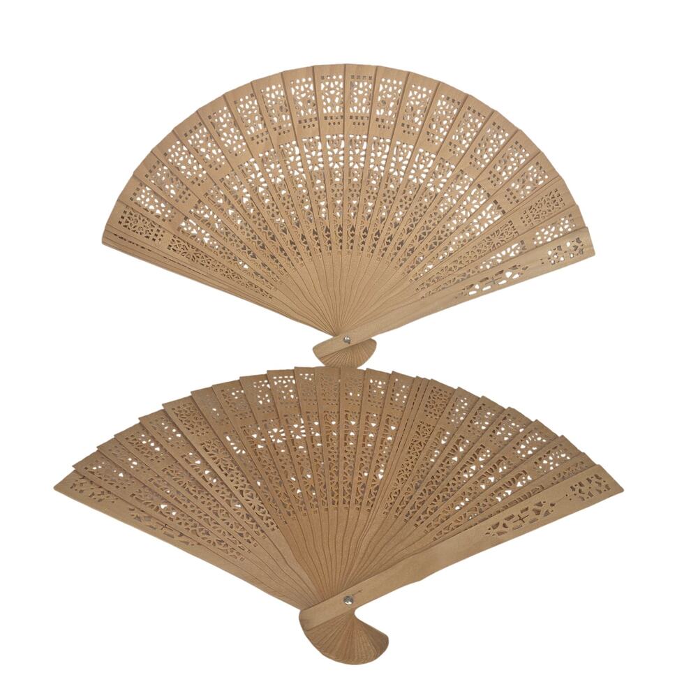 WOODEN LASER CUT CARVED OUT HAND FANS – NATURAL SANDALWOOD – SET OF 2 – NWOT